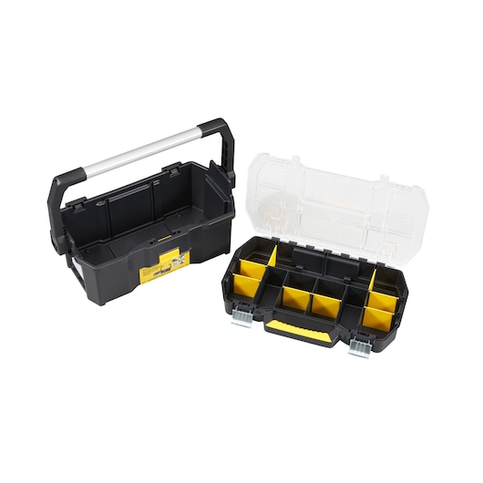 STANLEY STST1-70317 black toolbox and yellow organizer box, top view, white background.