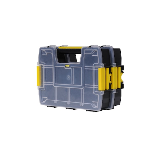 STANLEY STST1-71197 clear plastic organizer with yellow latches, front angle on white background.