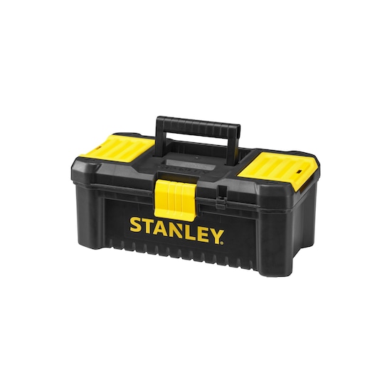STANLEY STST1-75514 black and yellow plastic toolbox with handle, front angle on white background.