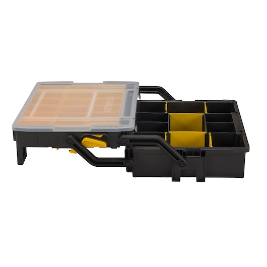 STANLEY STST1-75540 photography of black organizer box with yellow compartments, side angle.