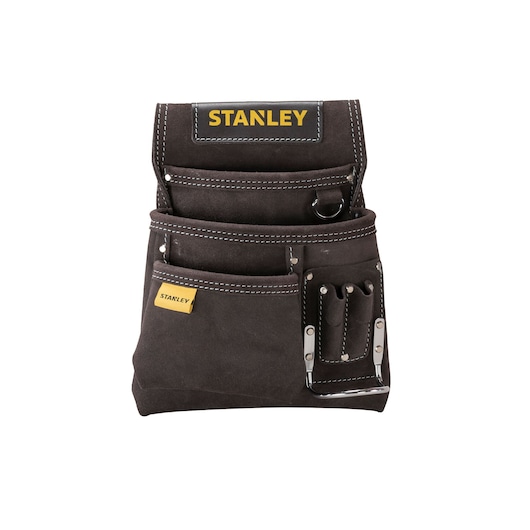 STANLEY STST1-80114 leather tool pouch, dark brown, multiple pockets, front angle, product photography