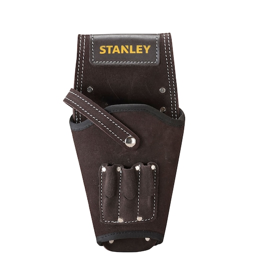 STANLEY STST1-80118 leather tool holster, brown with white stitching, front angle on white background.