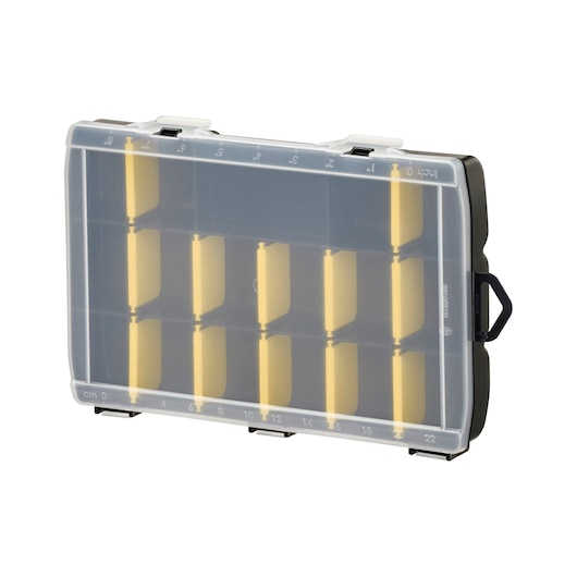 STANLEY STST81680-1 organizer with clear lid, black body, and yellow dividers, front angle photography.