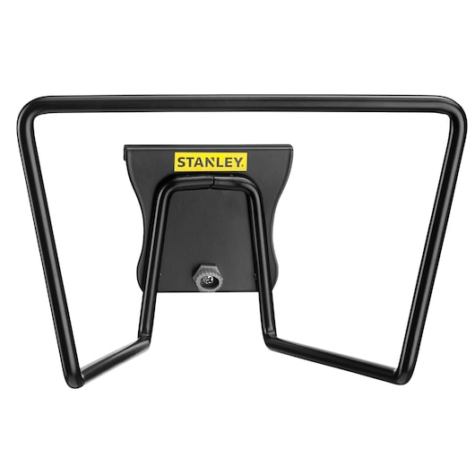 STANLEY STST82604-1 black metal wall-mounted hose holder, front angle, on white background.