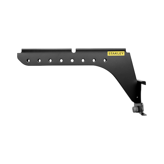 Photo of STANLEY STST82612-1 adjustable black metal bracket, side view, with multiple mounting holes.