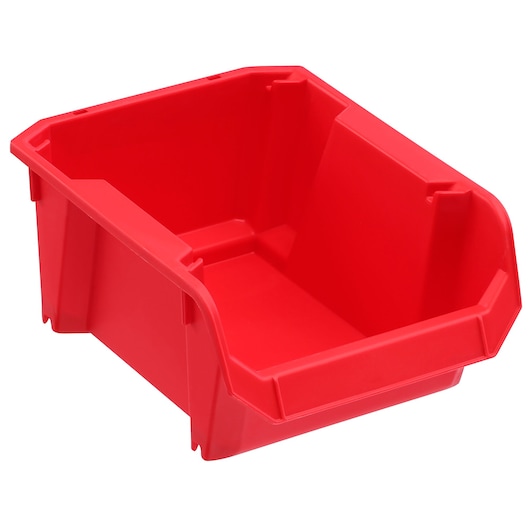 STANLEY STST82736-1 red plastic storage bin, front angled view, suitable for organizing small items.