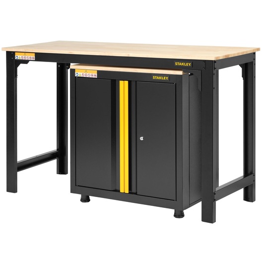 STANLEY STST97998-1 workbench with wooden top and black metal cabinet, front angle on white background.