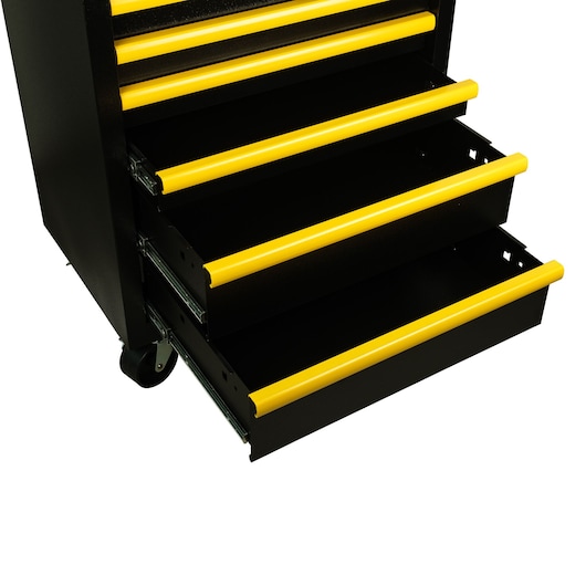 Photo of STANLEY STST98182-1 tool chest with open black drawers and yellow handles, side angle on white background.