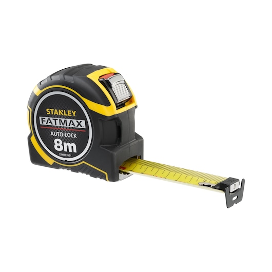 Photo of STANLEY FATMAX XTHT0-33501 8m auto-lock tape measure, black and yellow, product angled on white background.