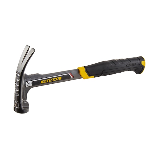 Photo of STANLEY XTHT0-51123 claw hammer, silver with black and yellow handle, side angle on white background.