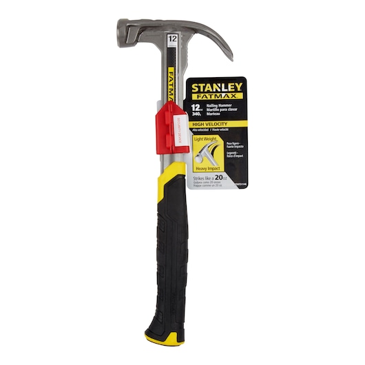 STANLEY XTHT0-51123 nailing hammer, FATMAX, black and yellow handle, front angle, white background.