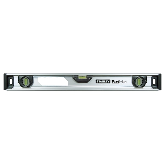 Photo of STANLEY XTHT1-42132 FatMax spirit level, silver body, front view, three bubble vials.