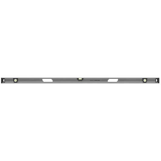 STANLEY XTHT1-42138 spirit level, black, with three vials and white grips, front angle, on white background.